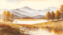 Autumn Landscape With A River On The Plain And Mountains In The Distance In The Style Of Watercolor Painting With A Predominance Of Sepia Color, AI Generation