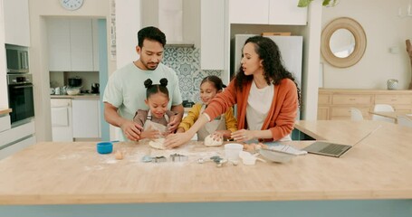 Canvas Print - Love, happy family baking in kitchen and with laptop for online recipe in their home. Care or support, teaching or teamwork and parents with their children together for bakery learning lesson