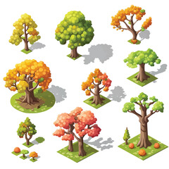 Trees and bushes environment for landscape design, decorative nature elements isometric shape for game assets. Isolated on background. Design element.