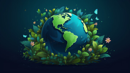 Wall Mural - 3D earth illustration, green nature environment, concept of ecology and sustainable development goals 