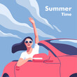 Road trip car holiday. Woman with arm up having fun. Driving convertible car on summer travel or on vacation. Vector illustration for mobile and web graphics.