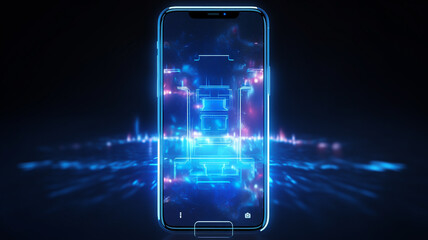 Wall Mural - Hologram 3D futuristic mobile phone. Abstract digital user interface technology. Smartphone hangs in the air. Realistic phone with blank screen. Smartphone perspective view with blank screen