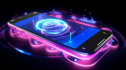 Hologram 3D futuristic mobile phone. Abstract digital user interface technology. Smartphone hangs in the air. Realistic phone with blank screen. Smartphone perspective view with blank screen