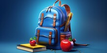 Blue School Backpack With Books And Apples On Blue Background Ai Generated