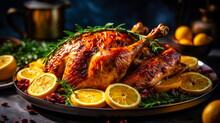 Traditionally Cooked Appetizing Turkey With Cranberries, Herbs And Oranges Lies On A Dish, On A Beautifully Served Table, In A Festive Atmosphere.Generative AI