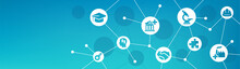 University Industry Collaboration Vector Illustration. Blue Concept With Icons Related To Partnership / Cooperation Between Academia & Business Company For Research Project / Program / Internship.