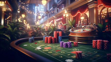 Casino hall for gambling, roulette and slot machines, background banner