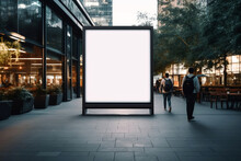 Display Blank Clean Screen Or Signboard Mockup For Offers Or Advertisement In Public Area With People Walking By - Generative AI