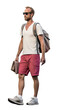 Isolated handsome young traveller man wearing a white t- shirt and a red bermuda, standing,  cutout on transparent background, ready for architectural visualisation.
