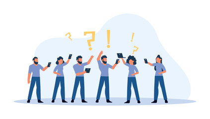 Wall Mural - Group people chat on mobile phone illustration chat feedback vector. Man and woman person communication social business background speech. Talk concept conversation discussion teamwork banner