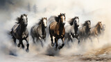 Fototapeta Konie - horses in the fog, artist impression