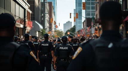 Police Officers standing in front of a crowd of people, protesters, riot in city street, daytime