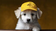 white fluffy puppy working in transport company wearing yellow trucker cap, Generative AI