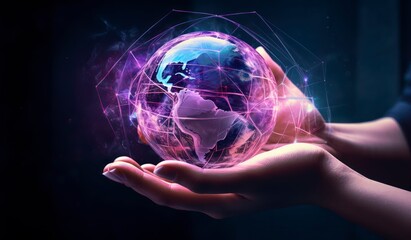 person touching world globe on the screen stock photo