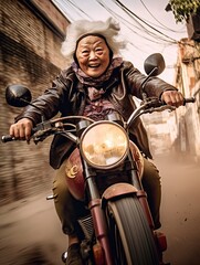 Wall Mural - Old happy Asian woman riding a motorbike on the road. Fast motorcycle action shot with a senior woman