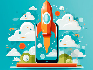 Wall Mural - technological startup concept with rocket takeoff from smartphone. generative ai