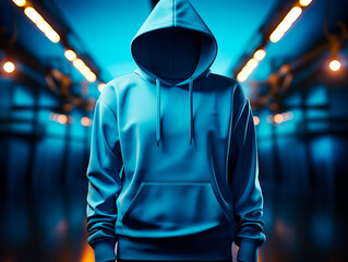 Wall Mural - Blank blue hoodie mockup on blurry background. Generative AI