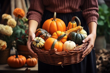 Woman holding decorative pumpkins in wicker basket. Autumn harvest and natural decoration for halloween or thanksgiving holiday