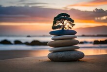 Zen Stones On The Beachgenerated By AI Technology