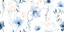 Floral Seamless Pattern With Abstract Blue And Beige Flowers, Delicate Branches And Leaves. Watercolor Print Isolated On White Background For Textile Or Wallpapers