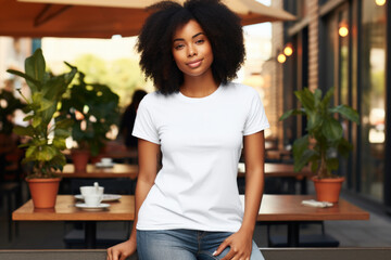 Beautiful black woman wearing bella canvas white t shirt and jeans, at cafe. Design t shirt template, print presentation mockup