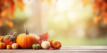 Festive Autumn Decor From Pumpkins, Corns And Fall Leaves. Concept Of Thanksgiving Day Or Halloween