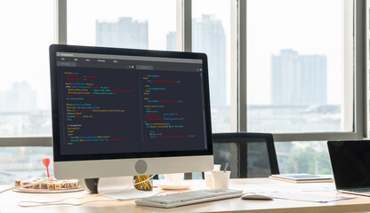 Software development programming on computer screen for modish application and program coding