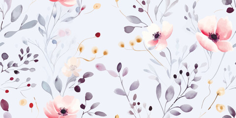 Flower seamless pattern with abstract floral branches with leaves, blossom flowers and berries. Vector illustration in vintage watercolor style on ligh grey background