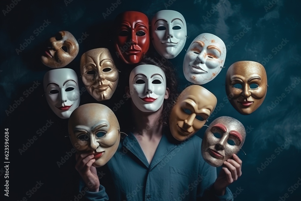 Fake emotion, play a role concept. Character holds masks our face with different emotions. Choice of moods, hiding behind a false mask. Defense and playing to the audience. Psychology. Generative AI. 