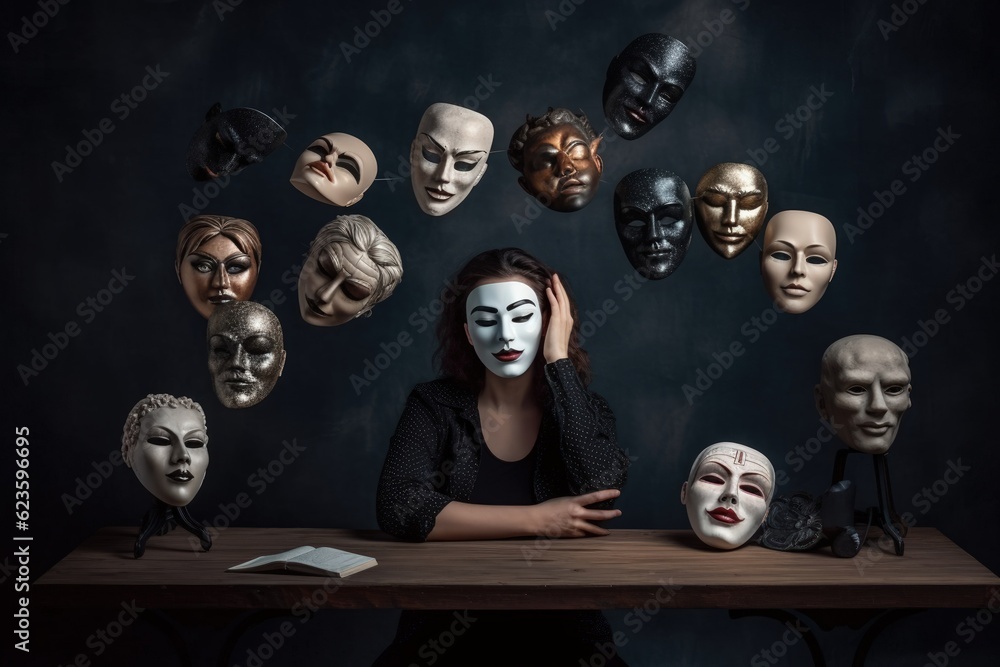 Fake emotion, play a role concept. Character holds masks our face with different emotions. Choice of moods, hiding behind a false mask. Defense and playing to the audience. Psychology. Generative AI. 