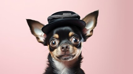 Canvas Print - Cute little surprised dog make big eyes wears hat on pink pastel background. Generative AI