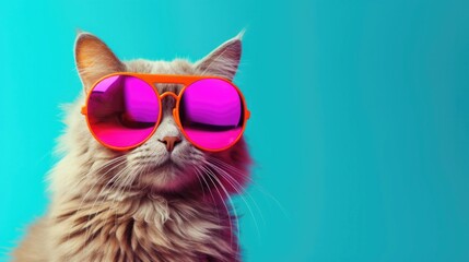 Poster - Stylish cat wearing sunglasses looking for something. Generative AI