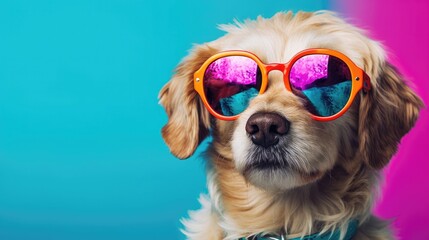 Poster - Stylish dog wearing sunglasses looking for something. Generative AI