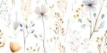 Watercolor Seamless Pattern With Ethereal Wildflowers, Leaves. Wild Plants, Flowers, Branches. Nature Floral Background