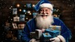 © Tuyres - Blue Santa Claus holding gifts and smiling. Generative AI illustration for Christmas.