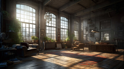 Canvas Print - Large spacious loft room in dark colors in the rays of sunlight with big window. inside of a house