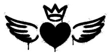 Spray Painted Graffiti Heart Wings Icon Sprayed Isolated With A White Background. Graffiti Love Wings  Symbol With Over Spray In Black Over White.