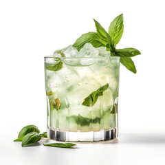 Wall Mural - A Gin Basil Smash Cocktail. Summer cocktail with basil Leaf, lime and lemon. Basil smash alcoholic cocktail drink with dry gin, syrup, lemon, basil and ice. Realistic 3D illustration. Generative AI