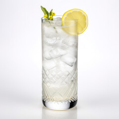 Wall Mural - Alcoholic drink gin tonic cocktail with lemon, rosemary and ice. Closeup of gin fizz cocktail with lemon in a long glass. A fizzy gin fizz cocktail. Realistic 3D illustration. Generative AI