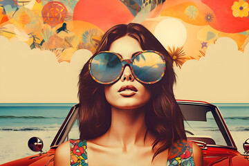 Wall Mural - Hippie woman with retro car and palm trees. 60s style summer poster.