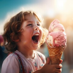 Poster - A little girl holding an ice cream cone. Generative AI.