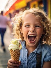 Poster - A little girl holding an ice cream cone. Generative AI.