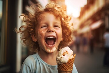 Poster - A little girl eating an ice cream cone. Generative AI.