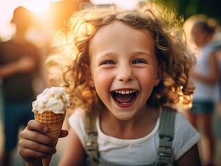 Wall Mural - a little girl holding an ice cream cone. generative ai.