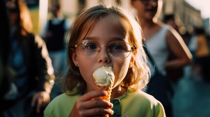 Poster - A little girl eating an ice cream cone. Generative AI.