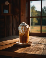 A glass of iced coffee on a wooden table. Generative AI.