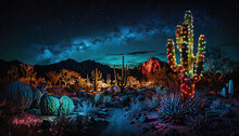 Saguaro Cactus With Christmas Lights In A Colorful Desert At Night
