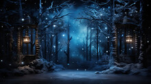 A Snowy Night Scene With A Path Through A Forest. Generative AI.