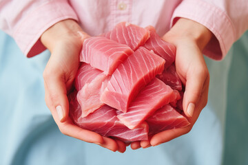 Wall Mural - Hands holding fresh tuna fish on pastel background, fresh food ingredients, Healthy food