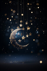 Wall Mural - Golden stars and moon on dark background with light effect